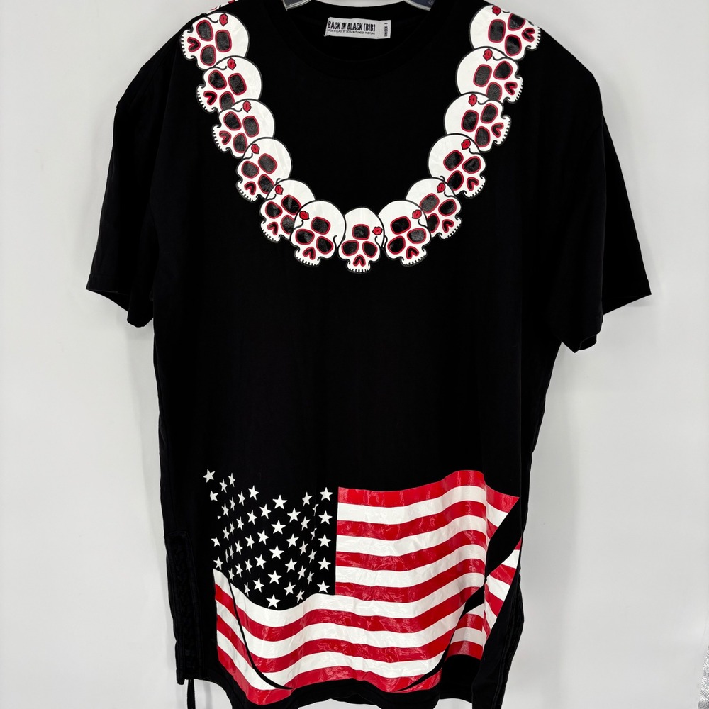 Back In Black BIB Devil Nut Skull American Flag Lace Up Side Streetwear T-Shirt
